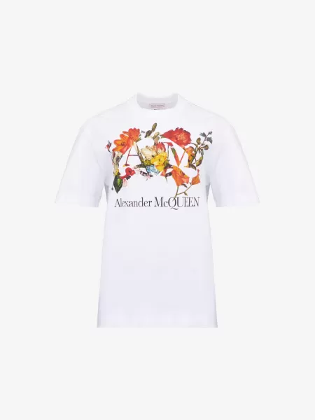 T-Shirt Con Logo E Motivo Con Fiori Olandesi T-Shirt E Felpe Donna Alexander Mcqueen Bianco